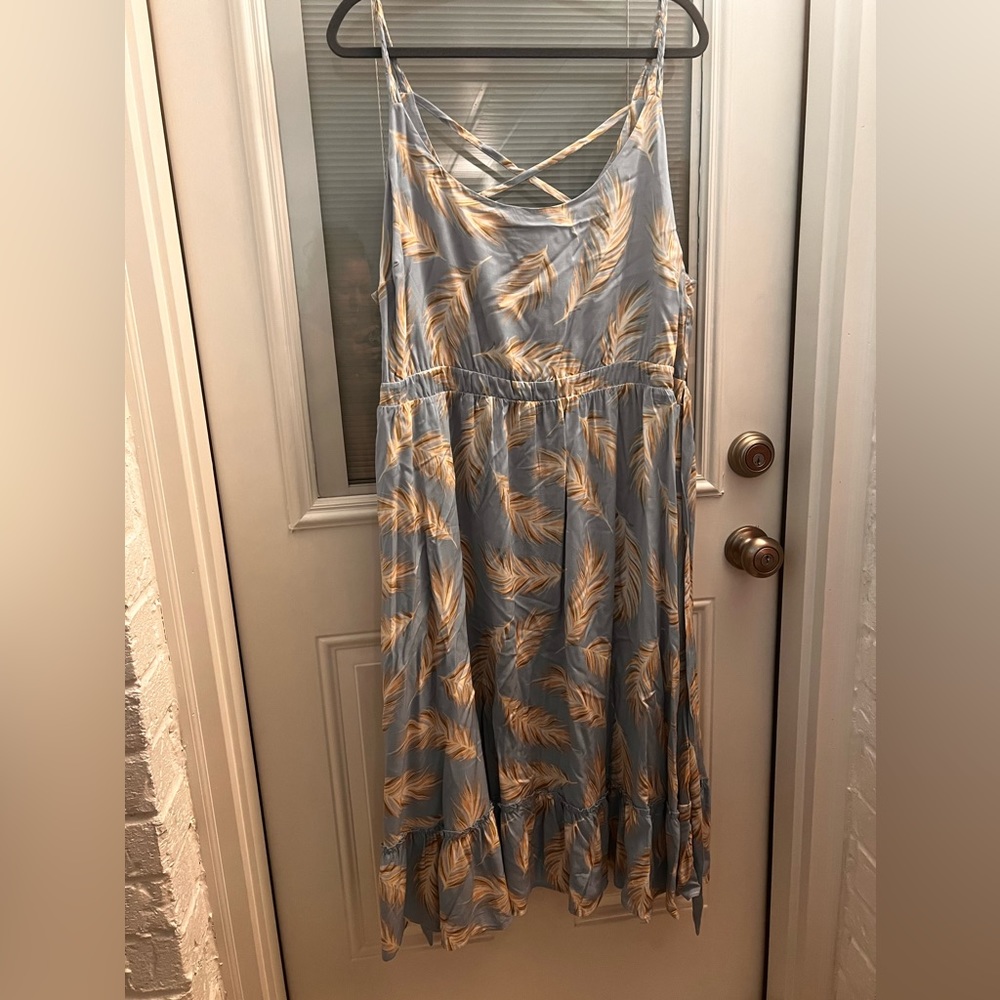 25% off listed price.Plus size summer dress. Pretty light blue w/feather design.